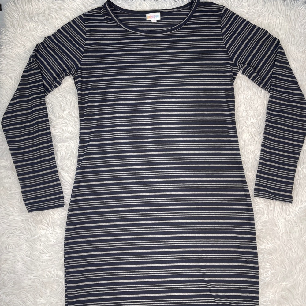 LuLaRoe Julia Striped Bodycon Midi T Shirt‎ Dress Navy Blue Size Medium M - Picture 3 of 6